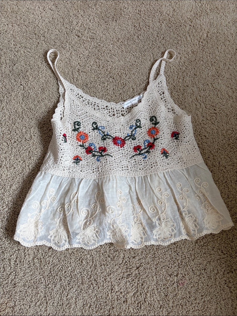 Altar'd State Cream Crochet Lace Camisole with Green & Orange Embroidery